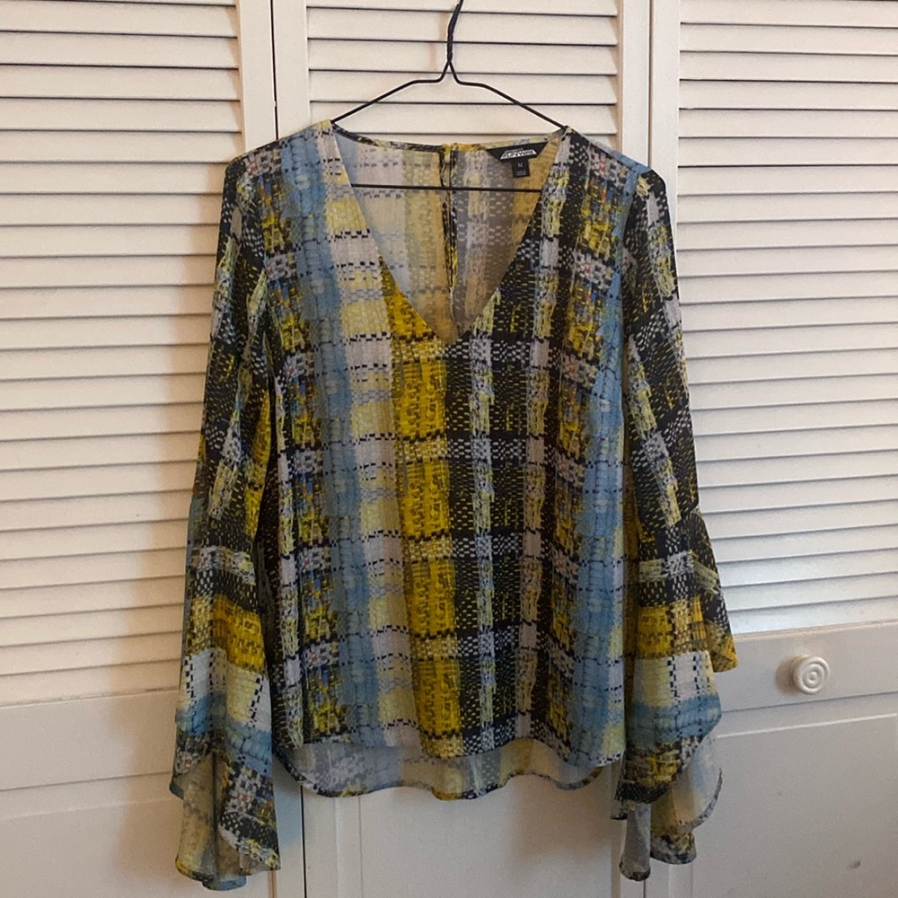 Project Runway Medium Long-sleeve Blue/Green Plaid like Tunic Top